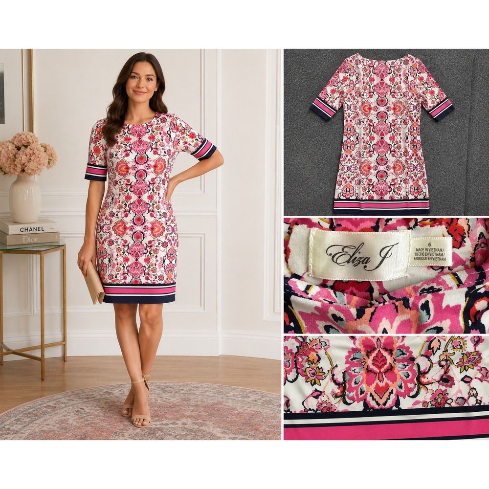 Eliza J Dress Size 6 Pink Floral Sheath Shift Short Sleeve Career Wedding